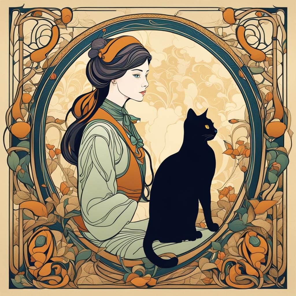 Cat and Woman in Art Nouveau Style
