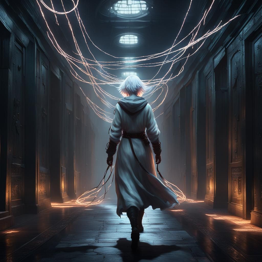 Woman with Glowing Strings in Dark Fantasy Style