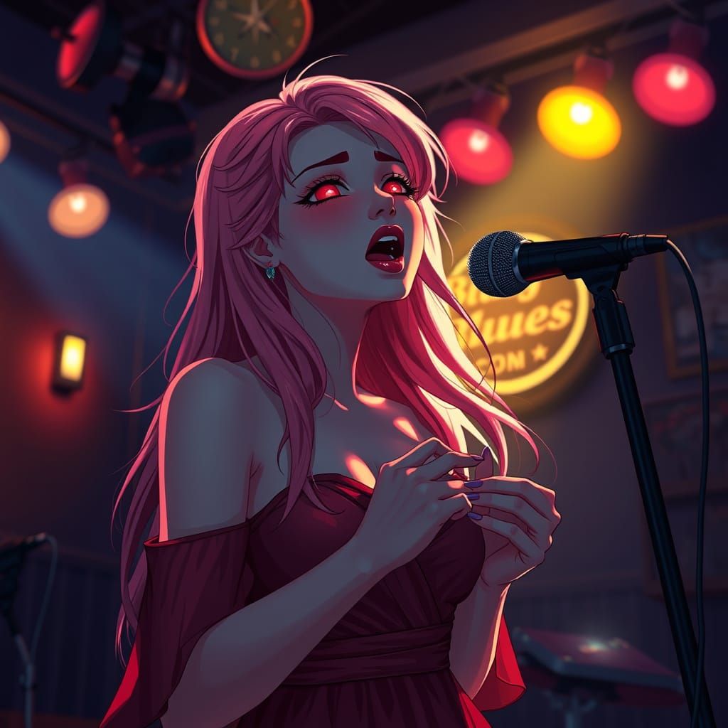 Anime Woman Singing in Blues Club, Studio Trigger Style