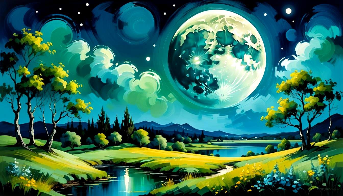 Summer Night Landscape with Huge Moon in Neoplasticism Style
