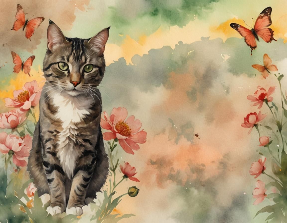 Tabby Cat Surrounded by Peonies as Watercolor Painting