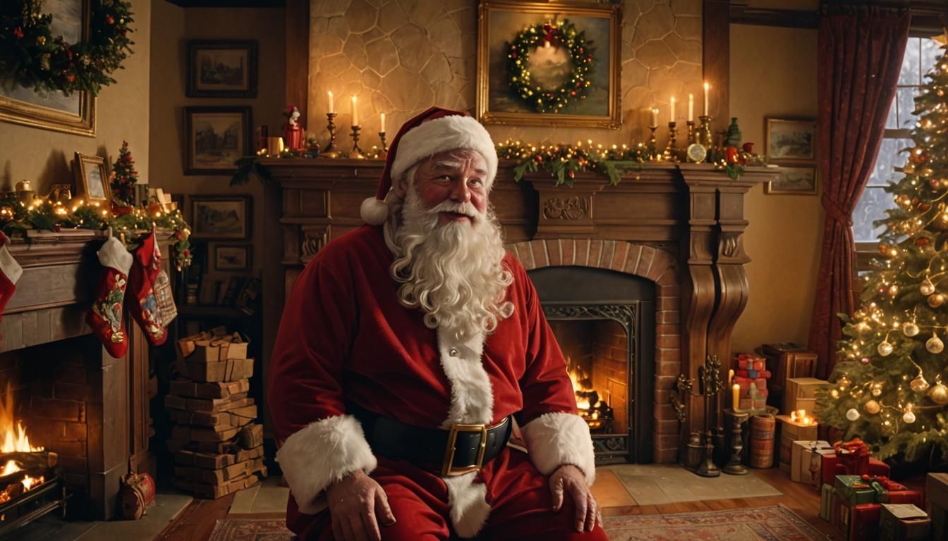 Santa Claus by Victorian Fireplace in Kinkade Style