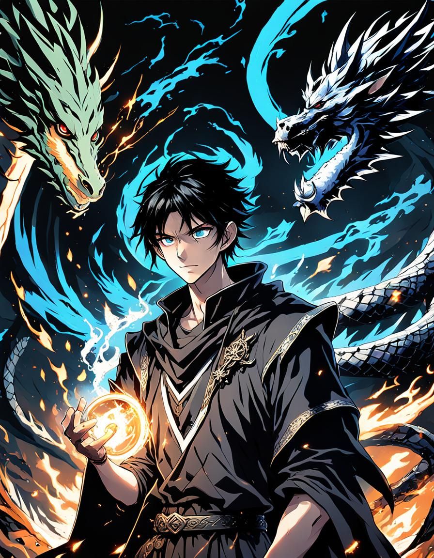 2000’ anime video game by Carolina Rodriguez Fuenmayor, anime earth mage who looks like a boy with black hair and blue e...