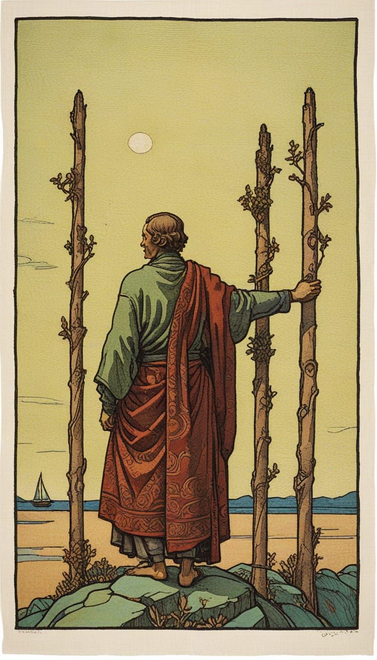 Man Contemplates the Turquoise Sea with Staffs of Growth