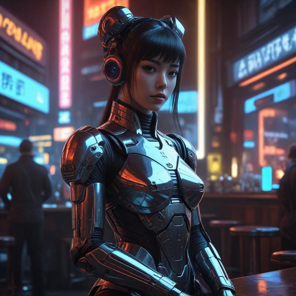 Cyberpunk Goddess and Warrior in Neon-Lit Bar