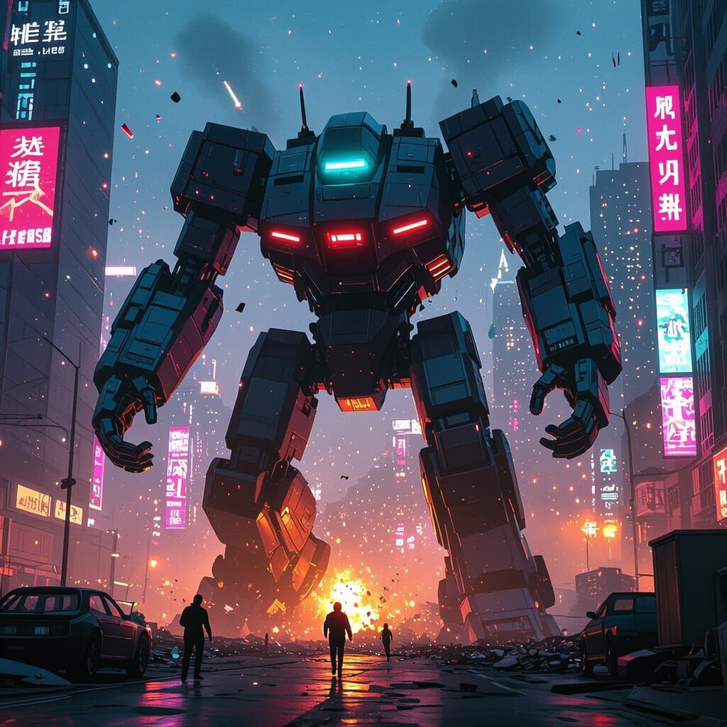 Giant Robot Destroys City in Neon-Lit Chaos