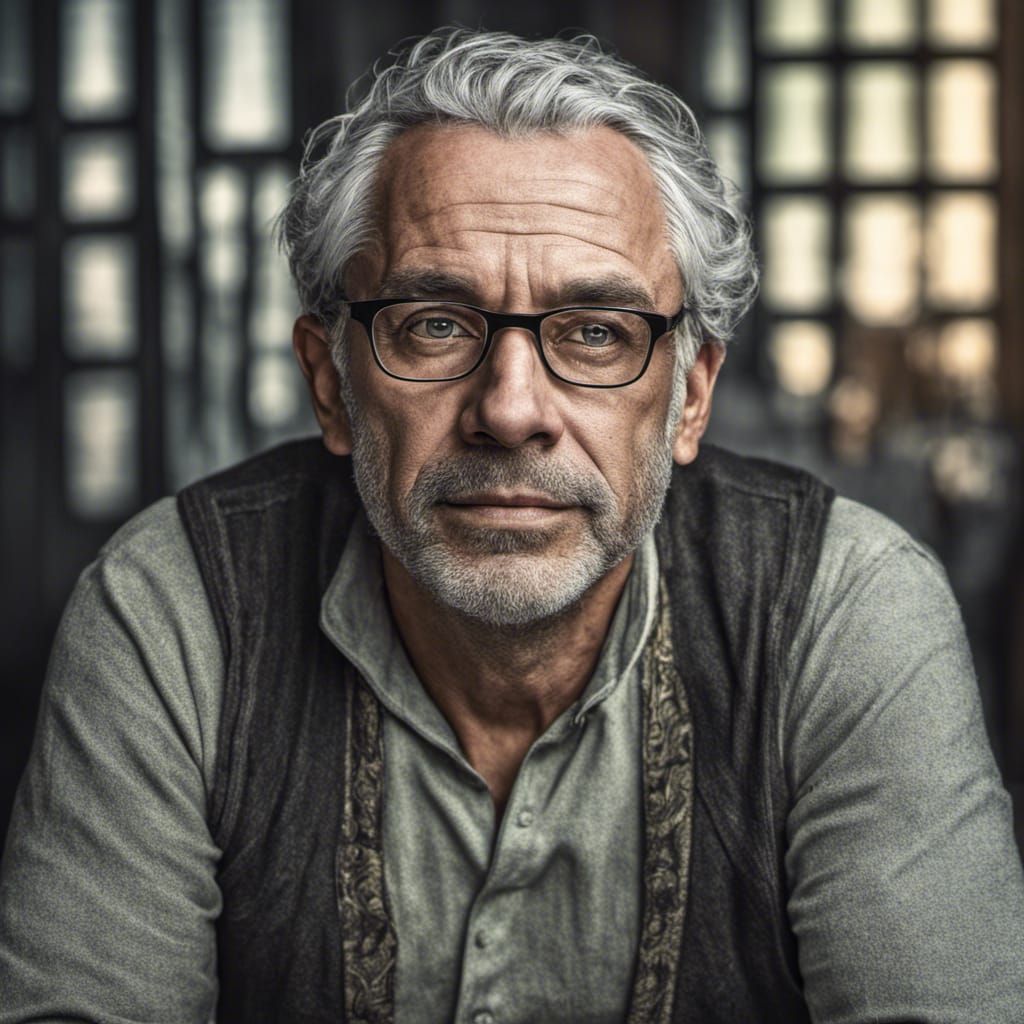 Hyperrealistic Portrait of a Middle-Aged Man with Green Eyes