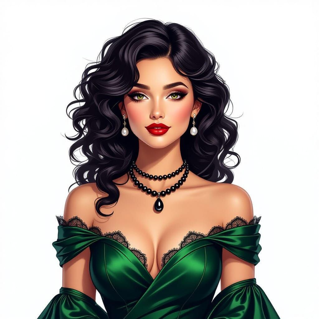 Elegant Woman in Dark Green Dress with Black Pearls