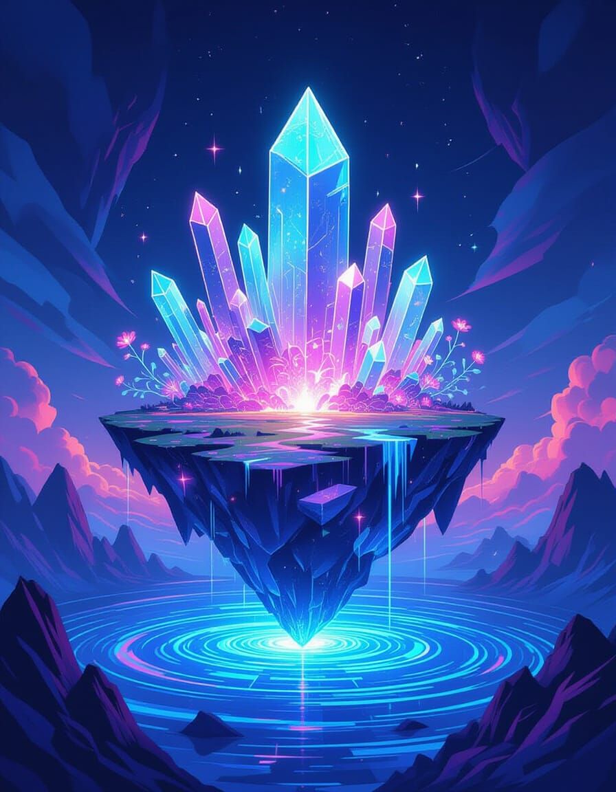 Floating Crystalline Island Above Liquid Light Ocean