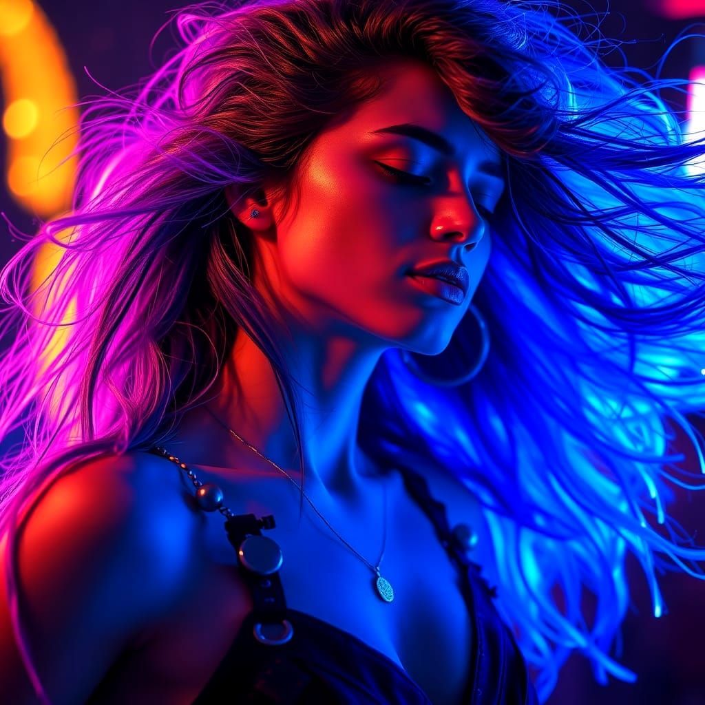 Ecstatic Dancer with Neon Hair in Dark Club