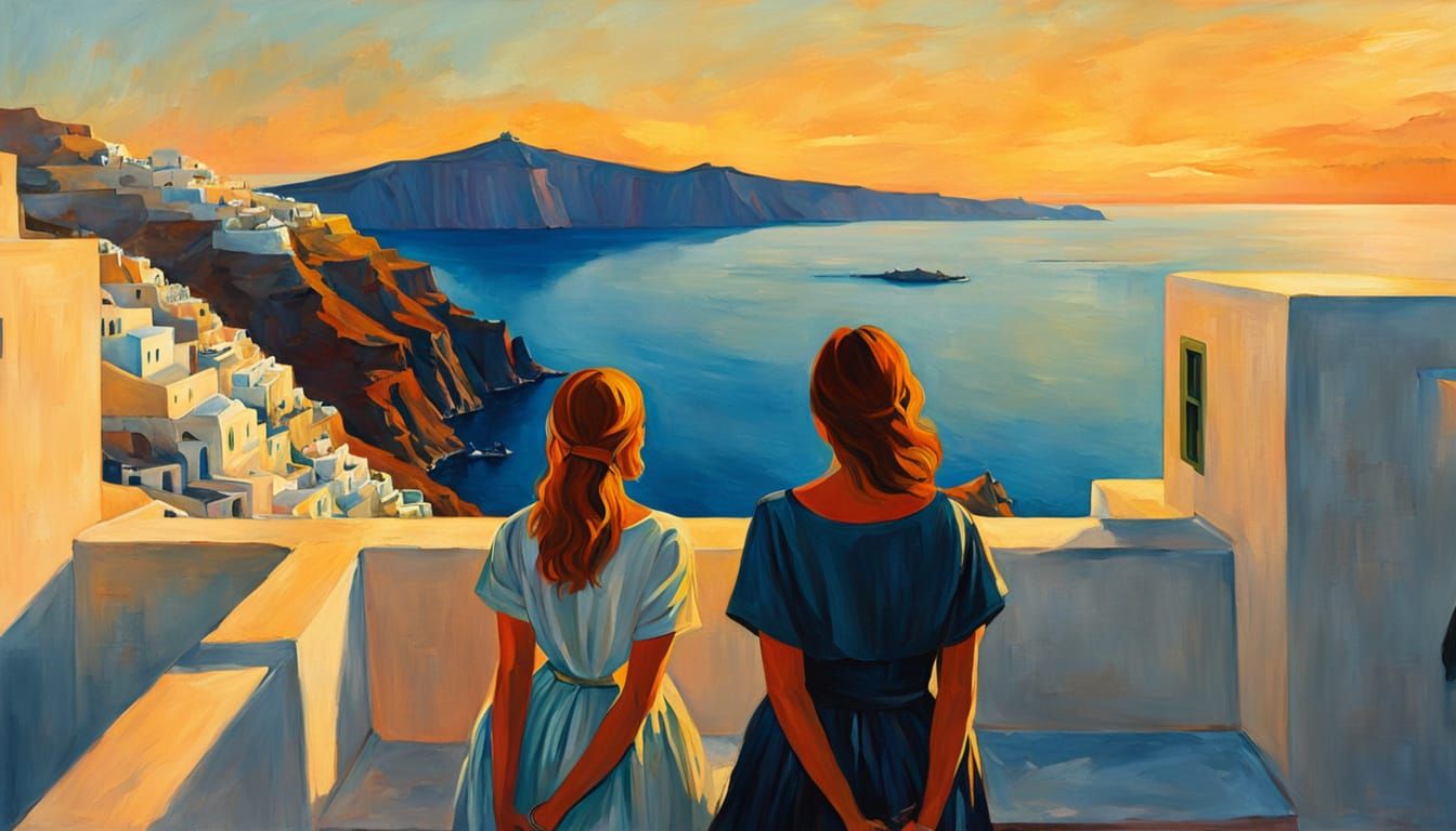 Santorini Sunset: Expressionist Oil Painting of Two Women