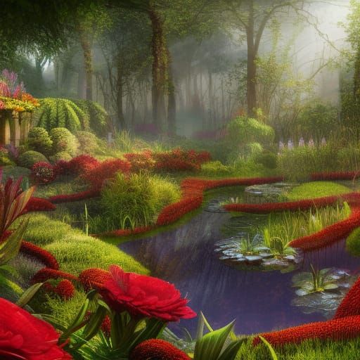 Victorian Flower Bog Garden in Spring Sunlight