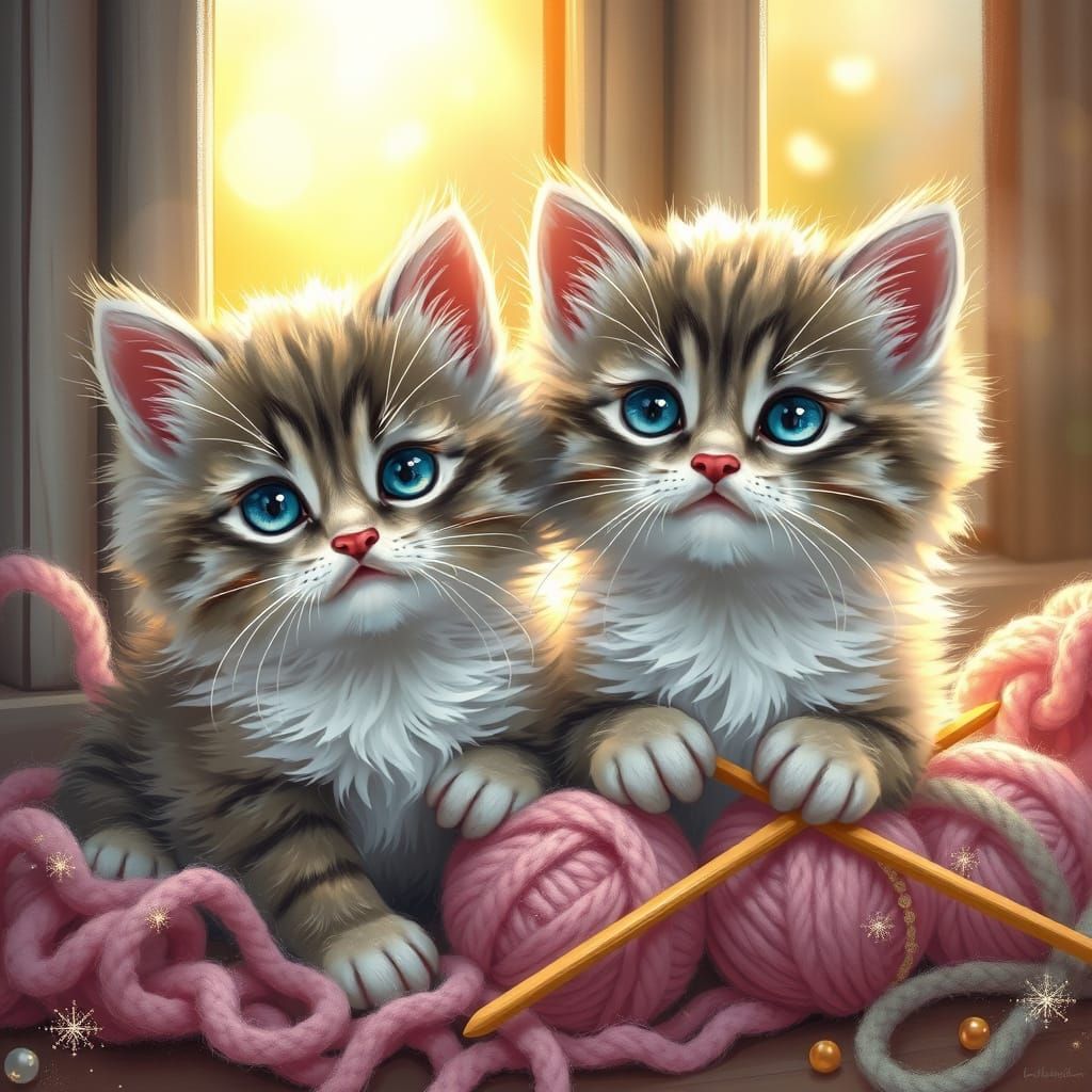 A realistic whimsical cute, Two fluffy kittens with big blue...