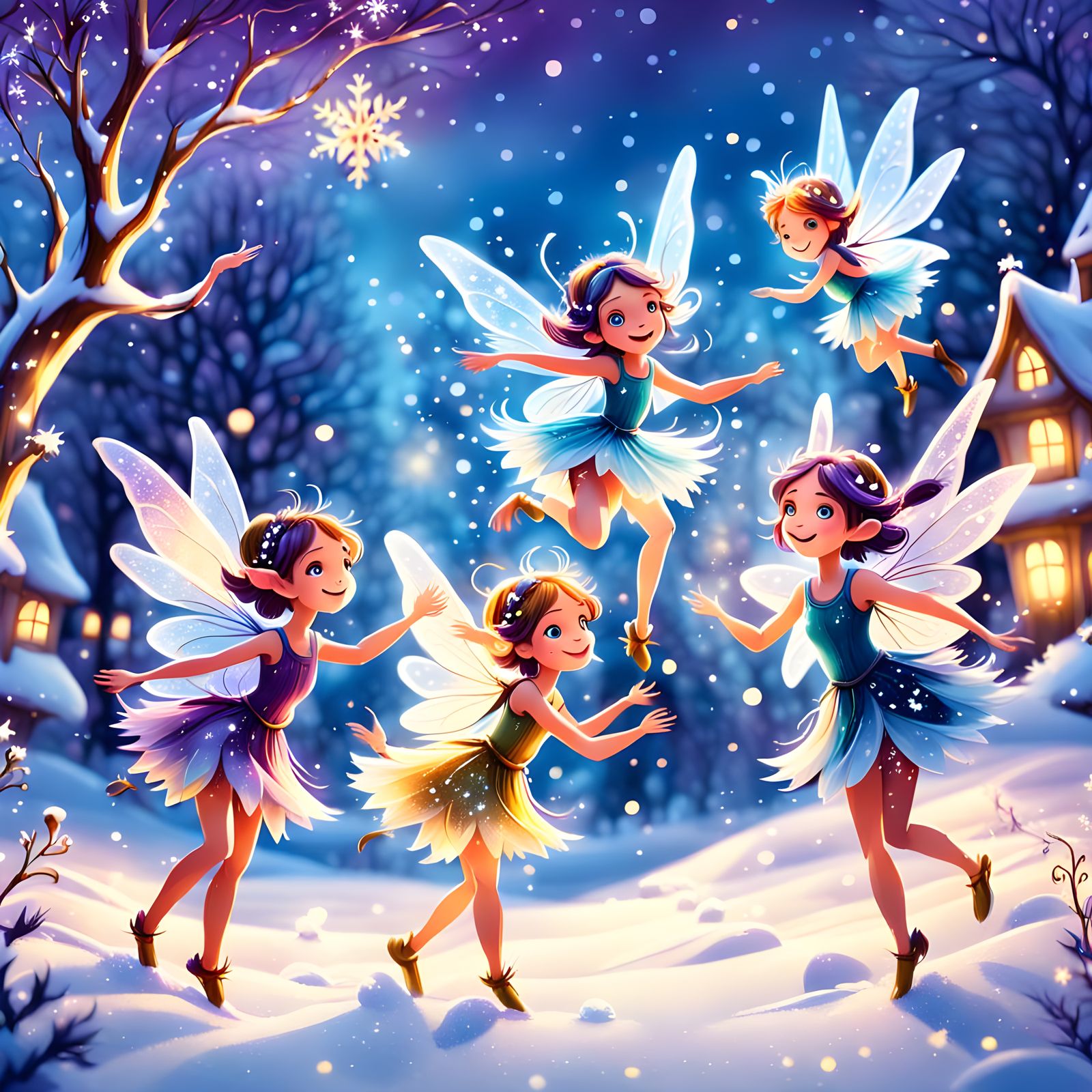 Cartoon Fairies Play in Snowy Scene