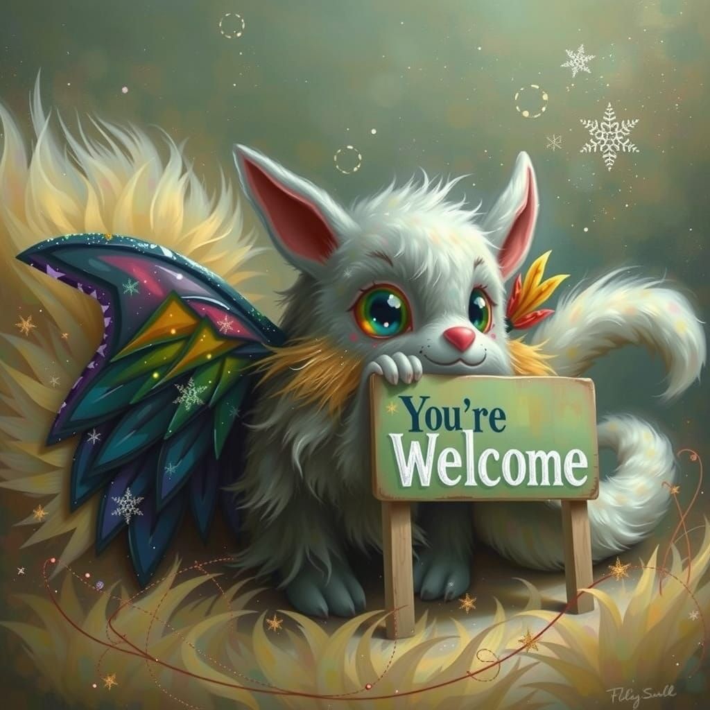 Pastel Rainbow Fluffy Creature Says "You're Welcome!"