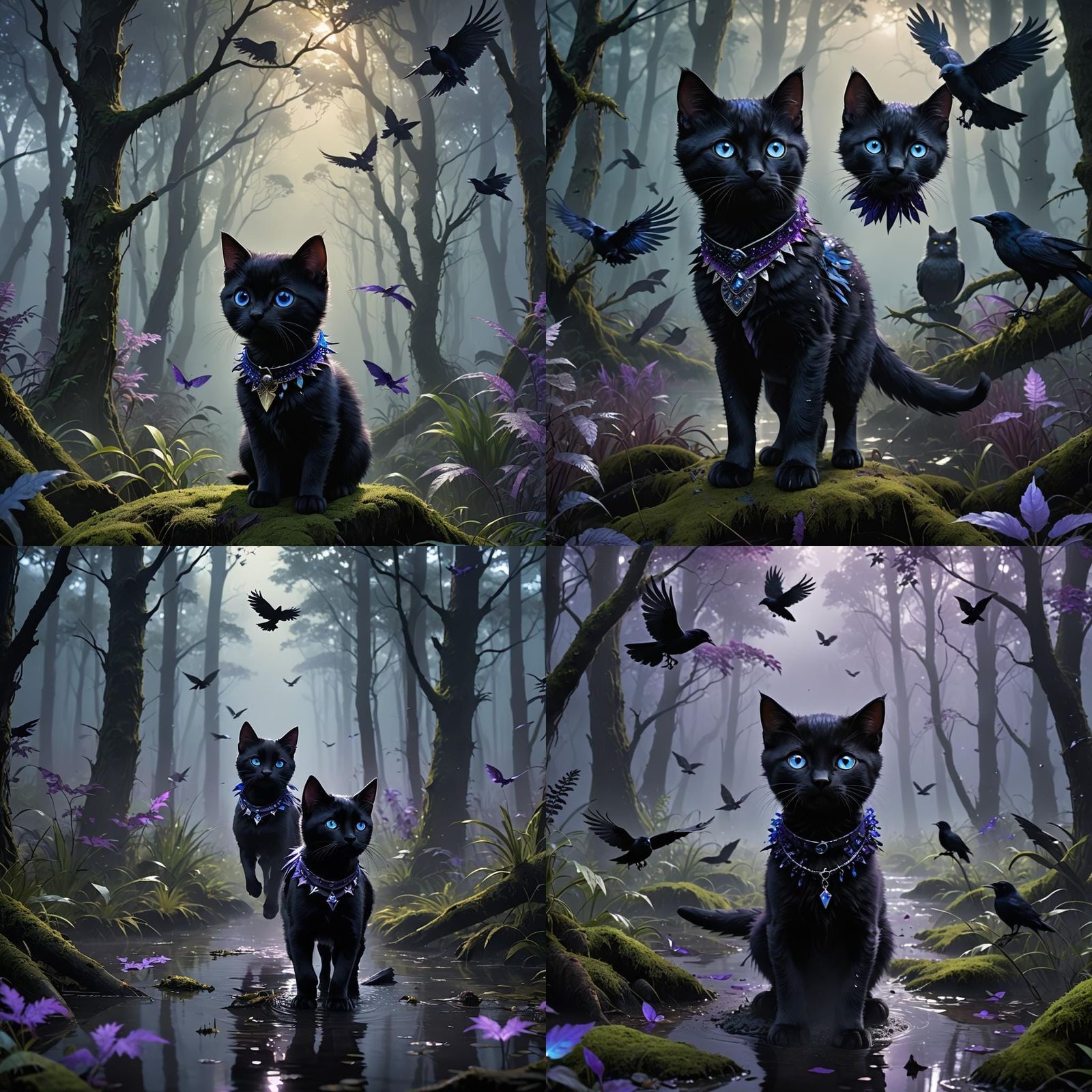 Kitten with Ravens in Foggy Forest, Anime Style