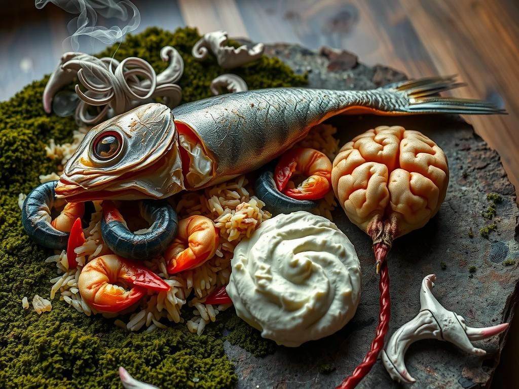 Hyperrealistic Fish Head Paella with Pig Brain Puree