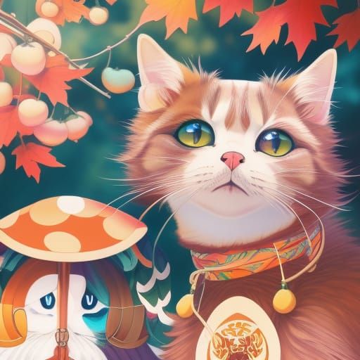 Cats Cuddling in Autumn Forest, Anime Folk Art