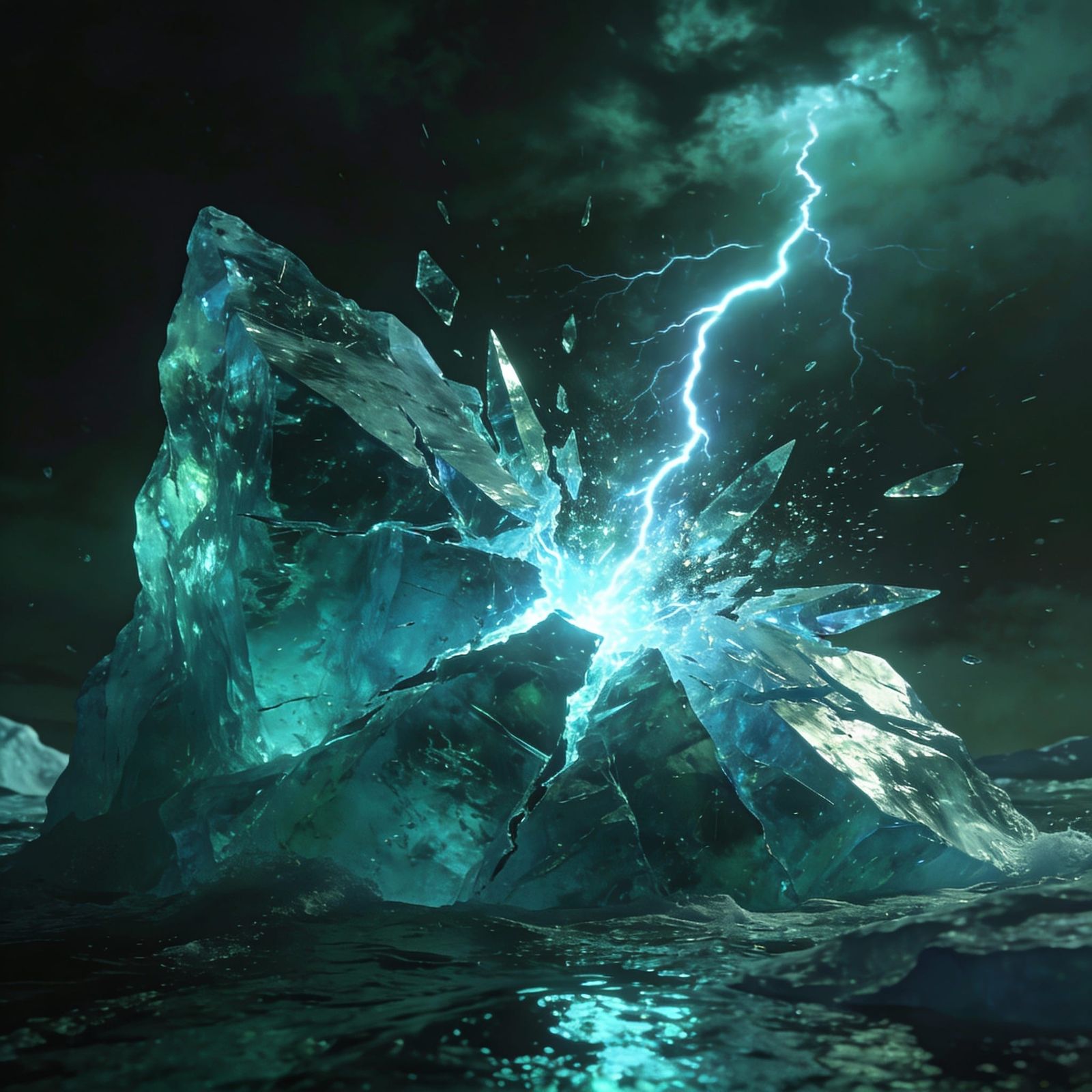 Electric Jade Iceberg Fractures Under Lightning Strike