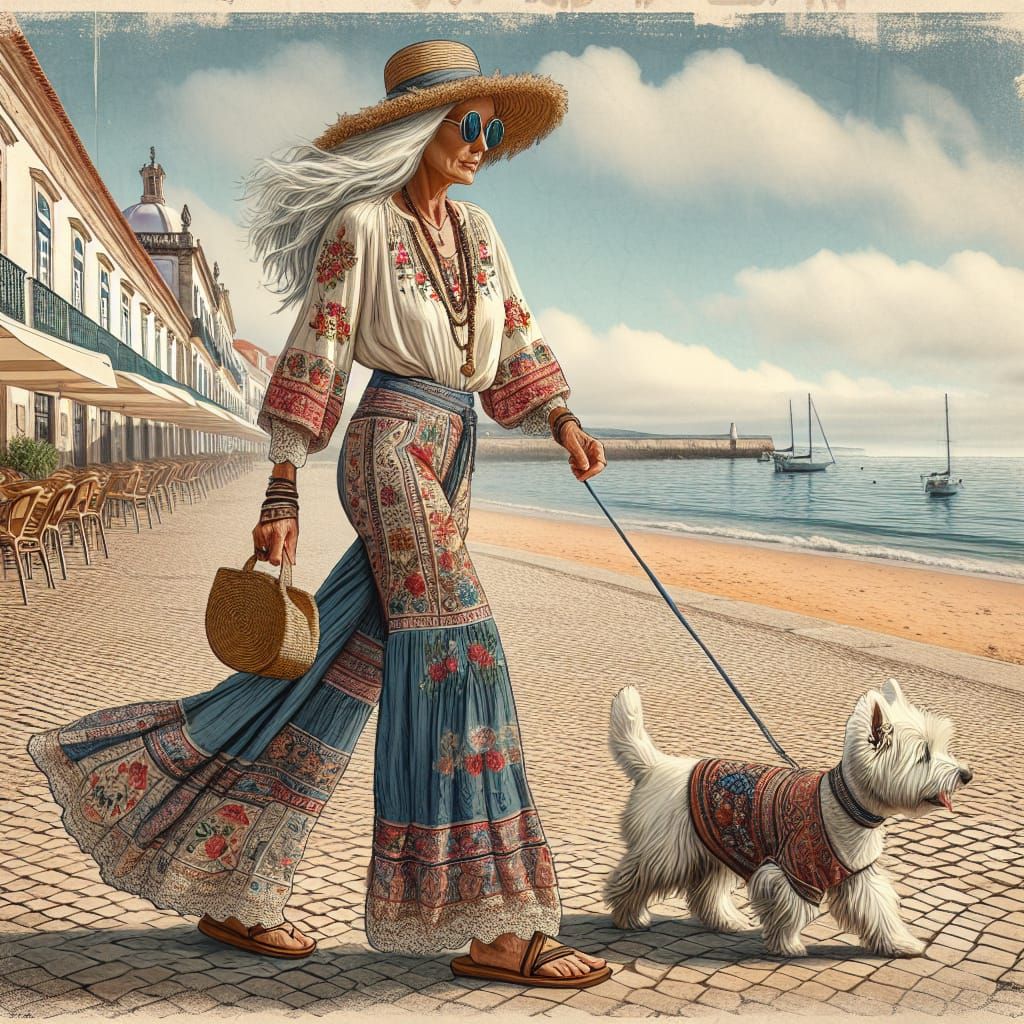 Pet-Friendly Portugal: Woman and Westie Travel Poster