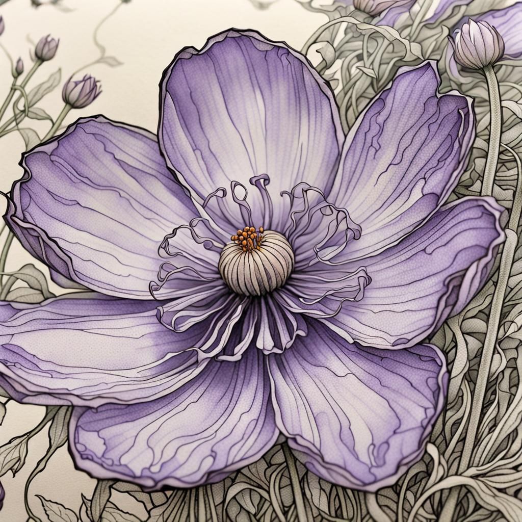 Lavender Windflower Blossom with Detailed Linework