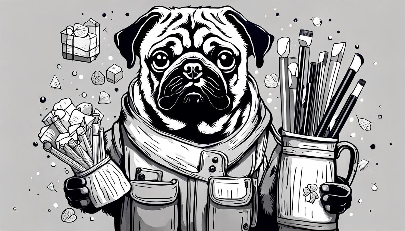 Monochromatic Art: A Pug Holding Things