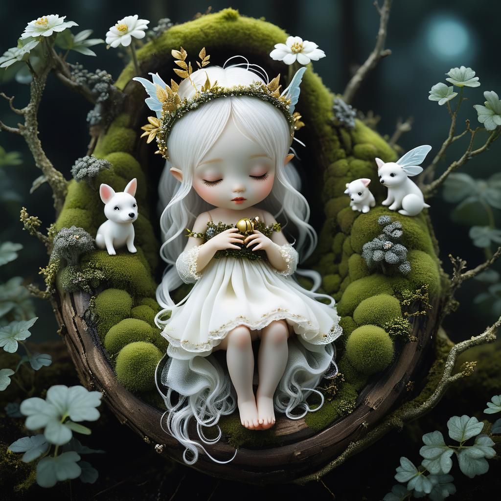 A tiny micro baby forest fairy with a puppy in a magical for...