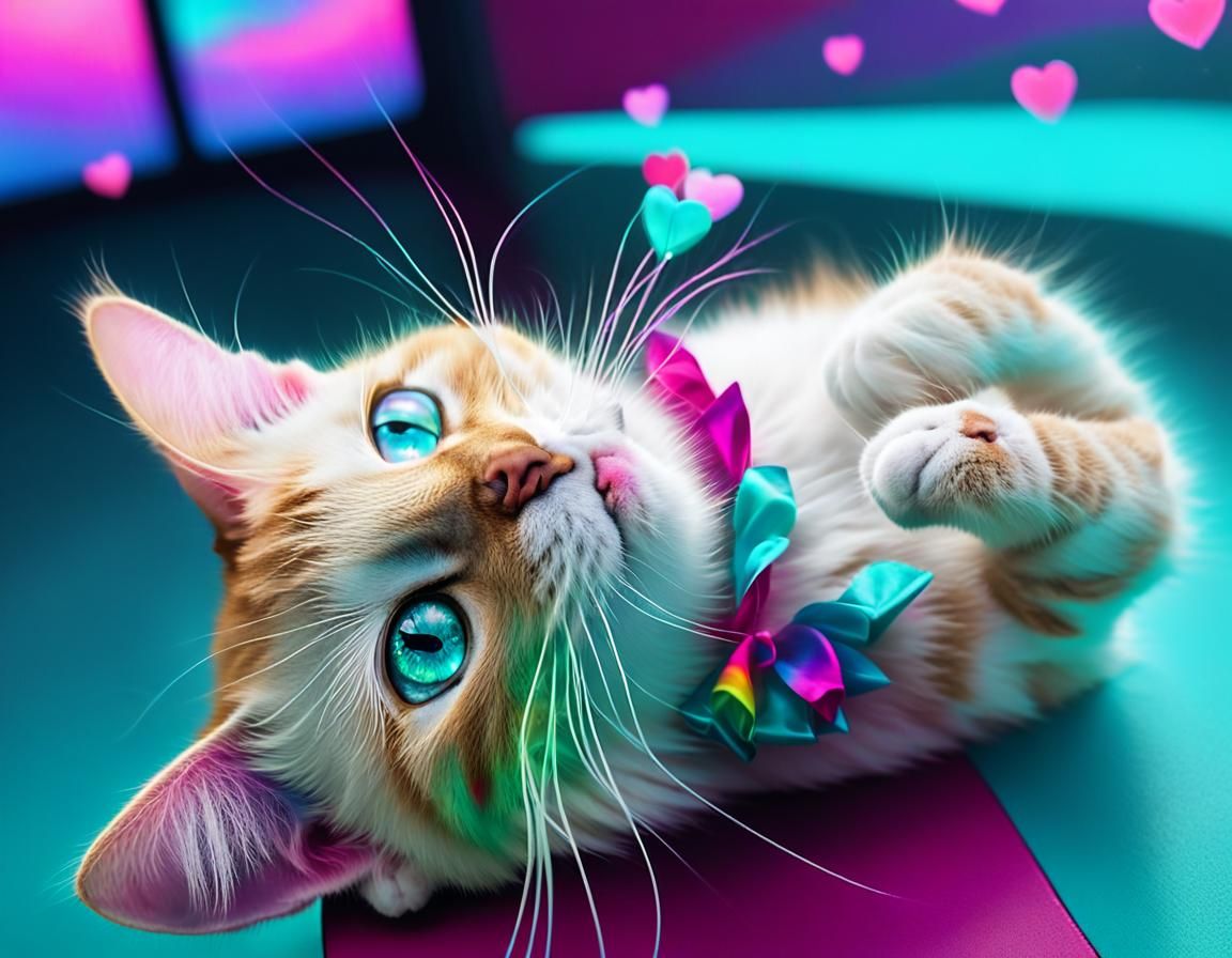 Adorable Neon-Eyed Cat in Dreamy Psychedelic Landscape