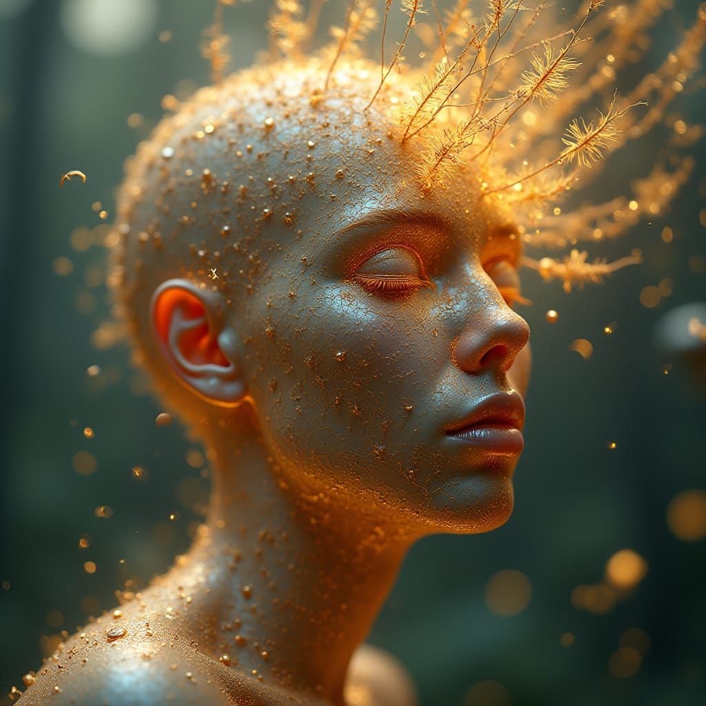 Surreal Face of Gold Wire Unraveling into Stars and Feathers