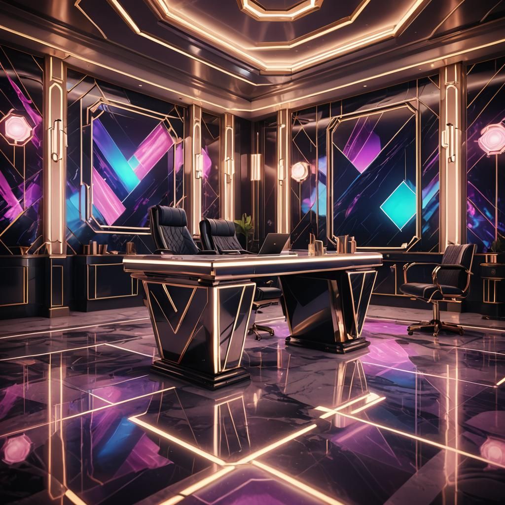 Art Deco AI Desk in Neon-Lit Futuristic Room