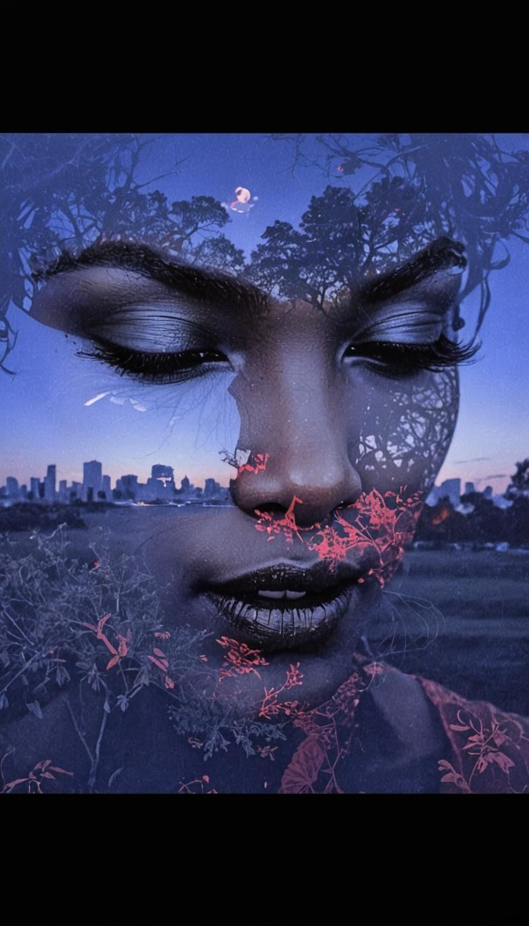 Melanin Lady in Red: Double Exposure Portrait