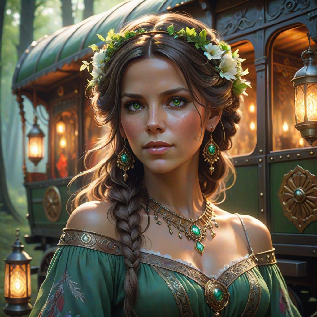 Whimsical Fantasy Gypsy Portrait in Vibrant Oil Colors