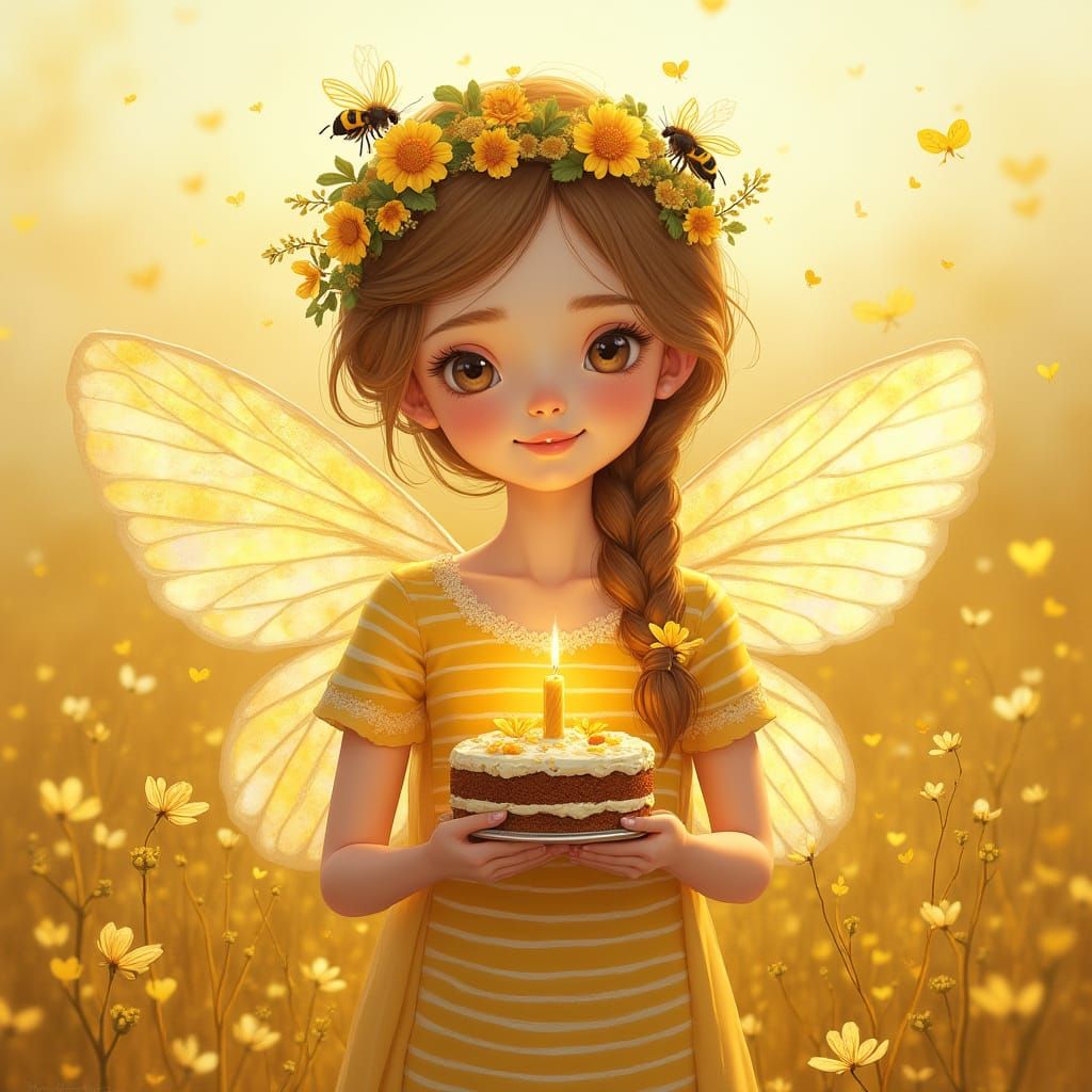 Gentle Woman in Golden Clover Field with Delicate Flowers an...