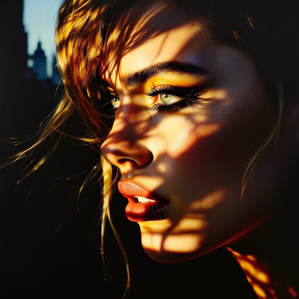 Ethereal Portrait on Gotham Rooftop in Dramatic Light