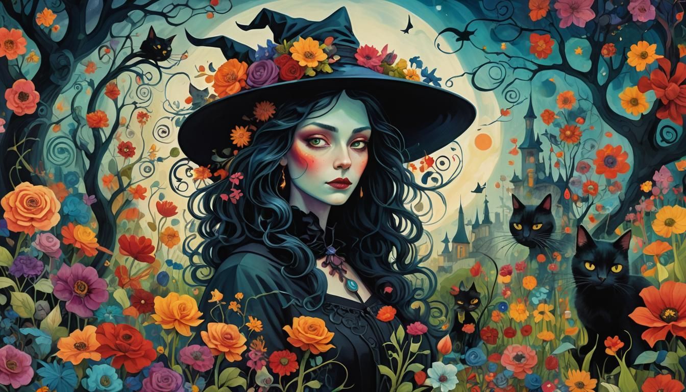 Whimsical Witch and Cat in Surrealist Garden