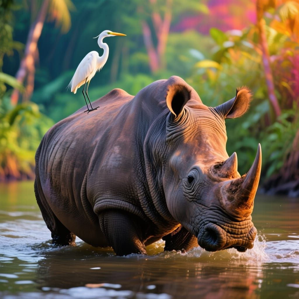 Egret Riding a Rhino Through Jungle River
