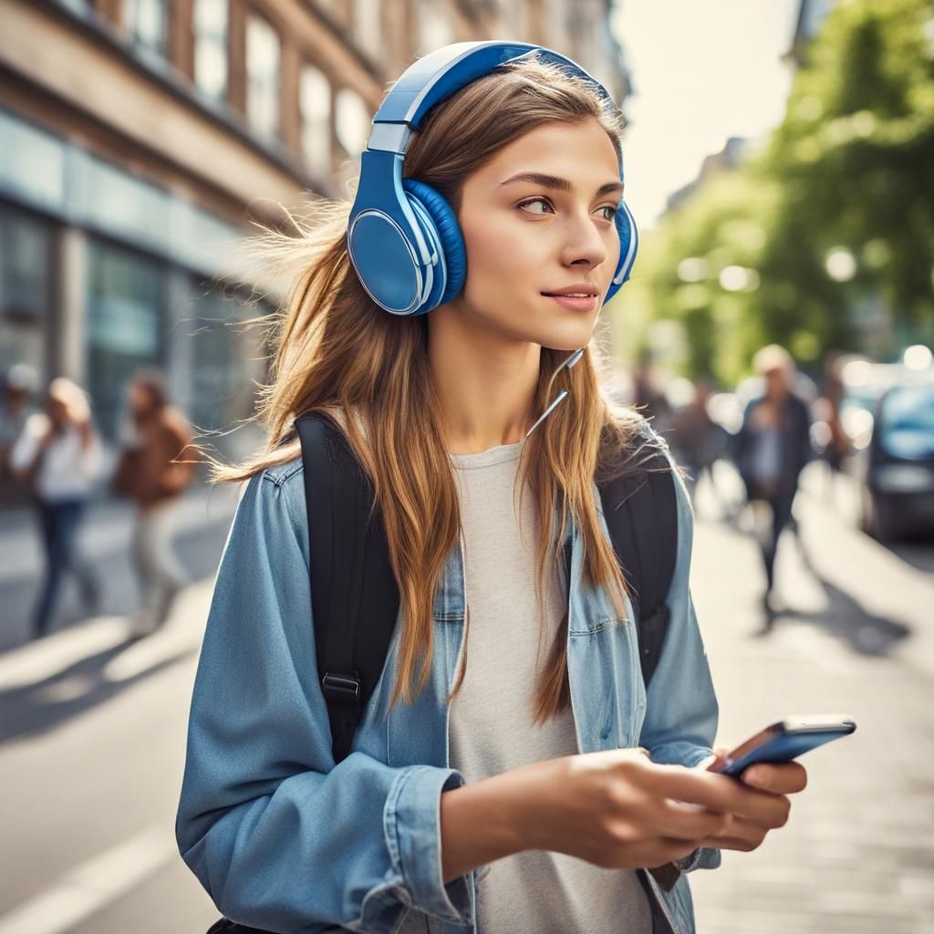 Young Woman Listening to Music in City