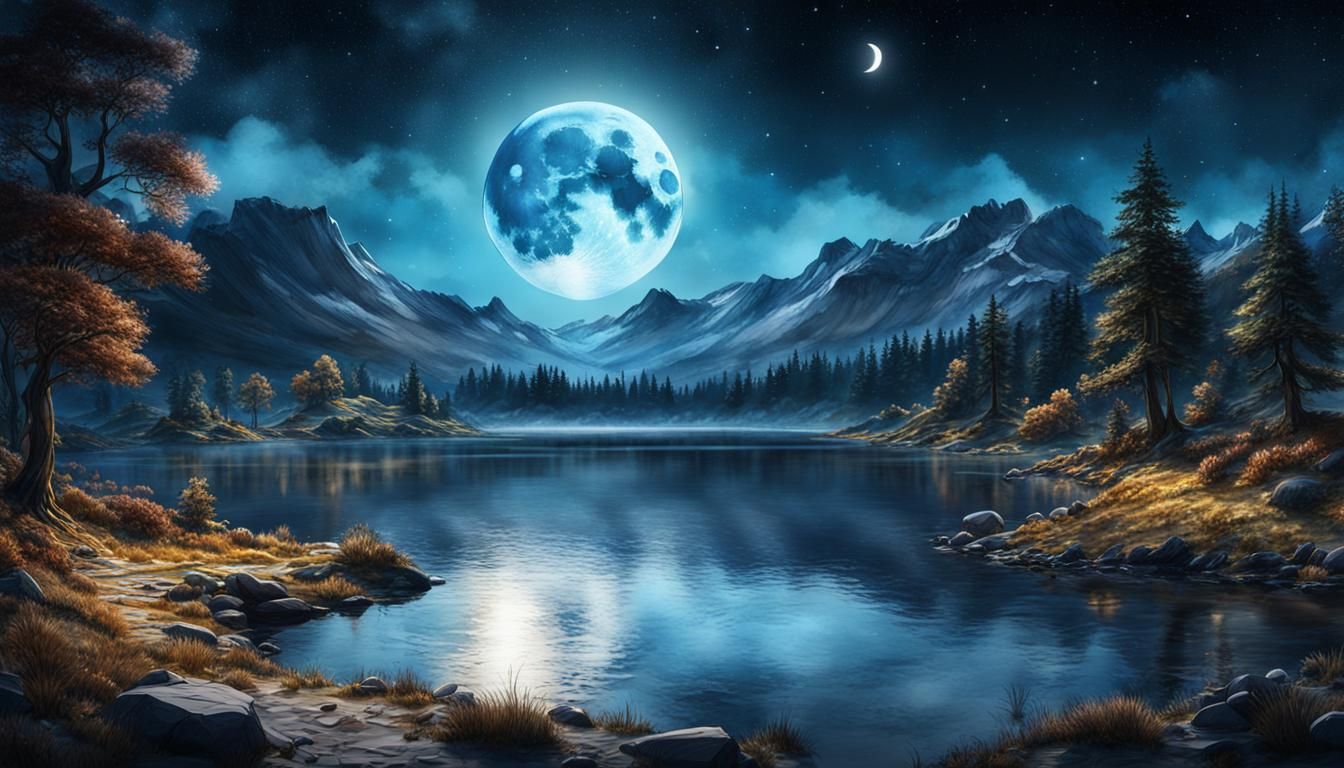 Watercolor Moon Over Lake Landscape in 8k