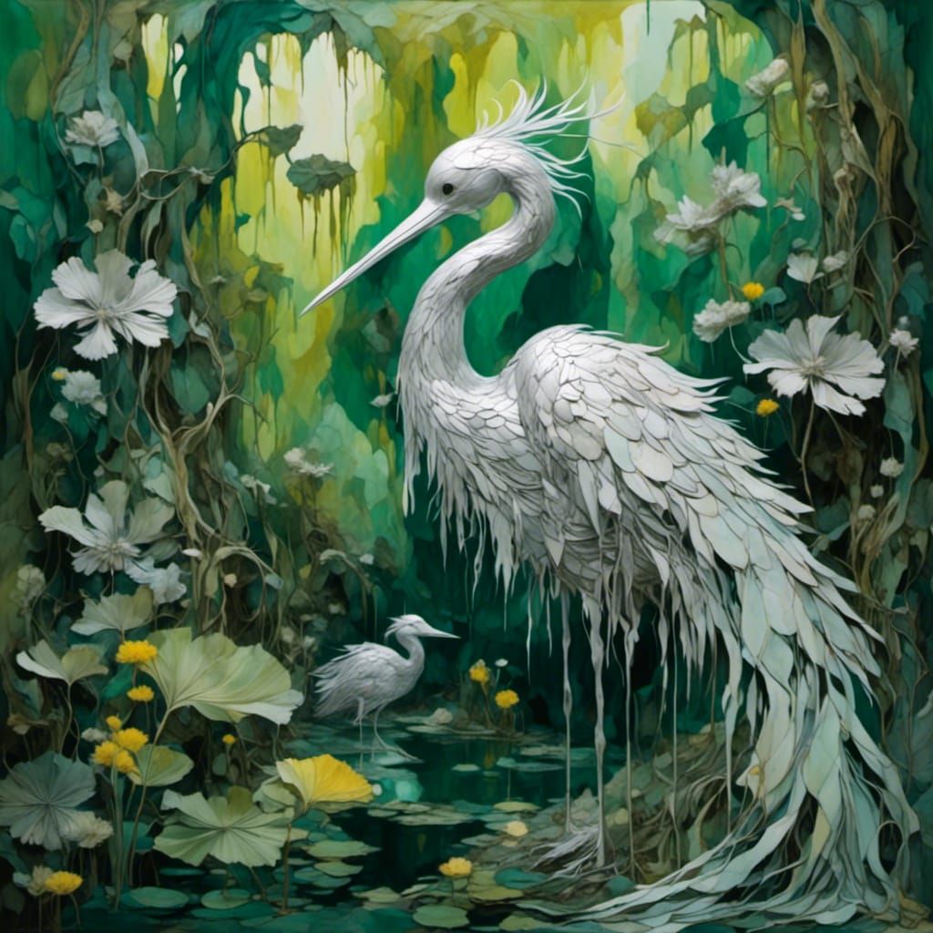 Cubist Silver Bird Portrait in Swamp