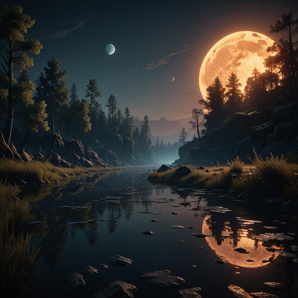 Mysterious River Under Full Moon with Twisted Vegetation