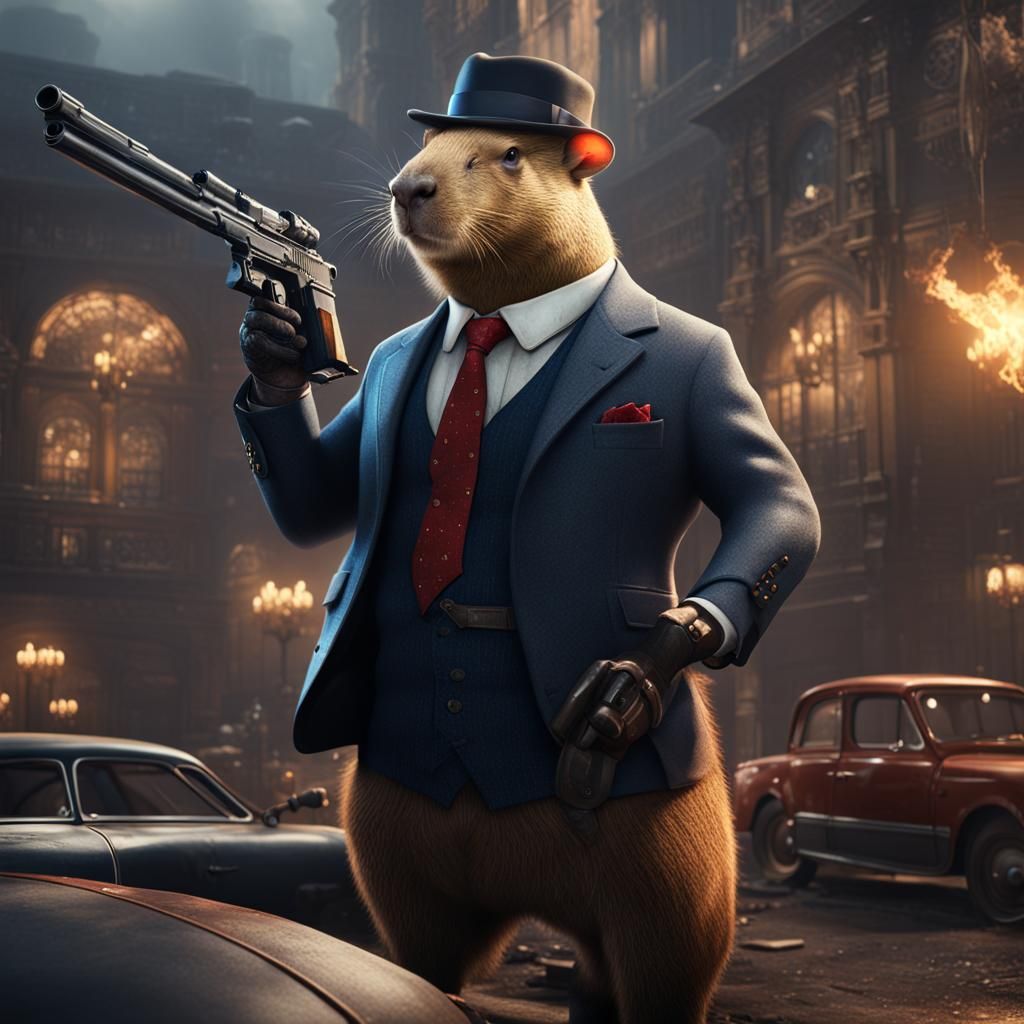 Mafia Capybara in Suit: Detailed Matte Painting