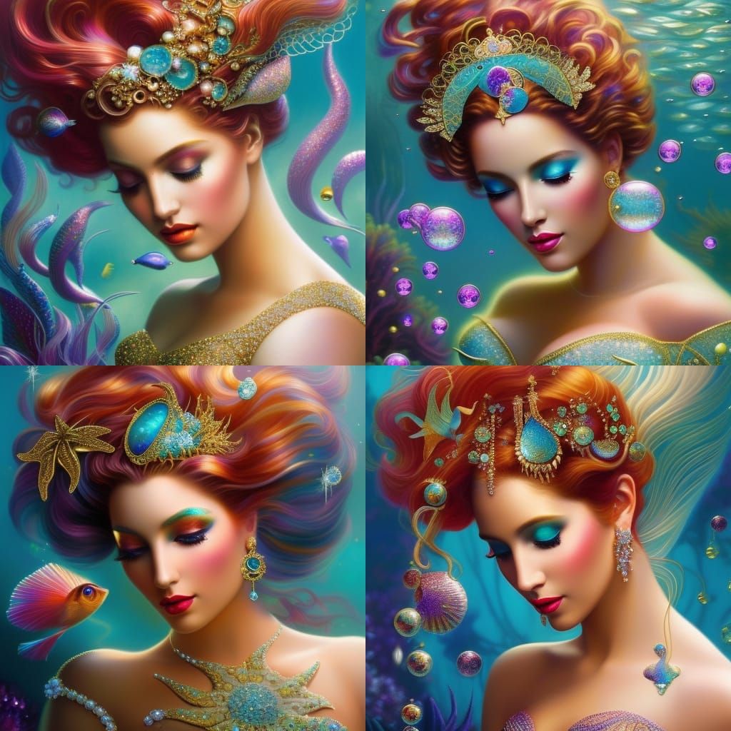 Diva Mermaid with Iridescent Bubbles in Vintage Style