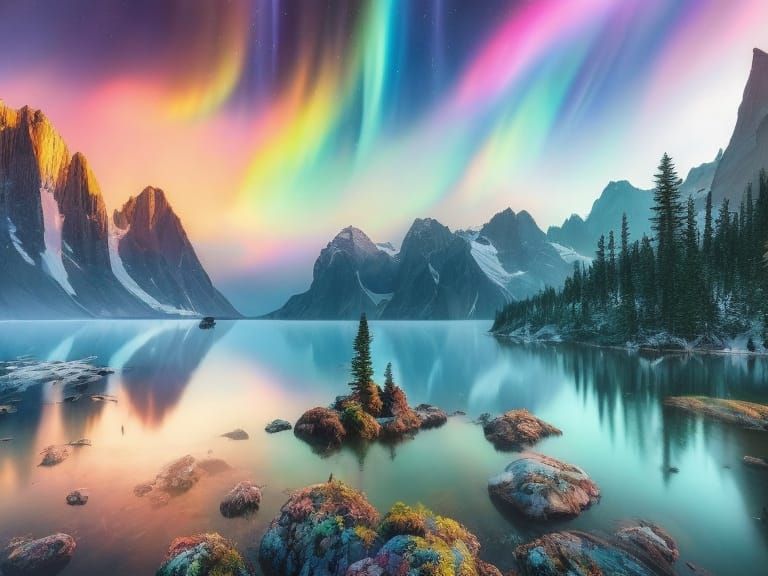 Rainbow Northern Lights Reflected in Fantasy Lake