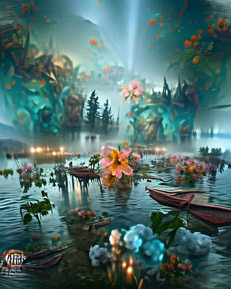 Ethereal Lake of Flowers in Fantasy Style