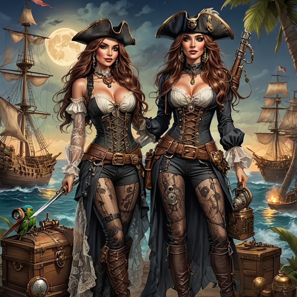 Steampunk Pirate Girl with Treasure and Tropical Island