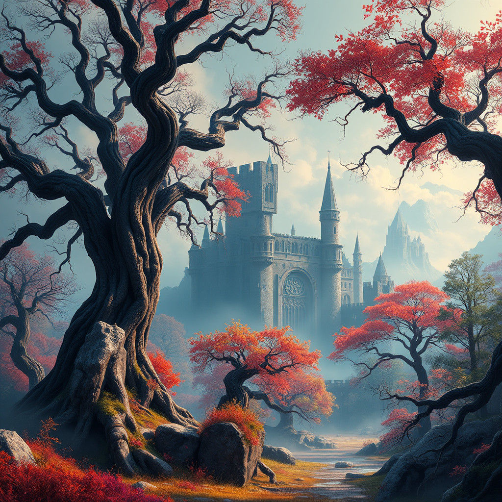 Mystical Landscape with Ruined Castle in Fantasy Art Style