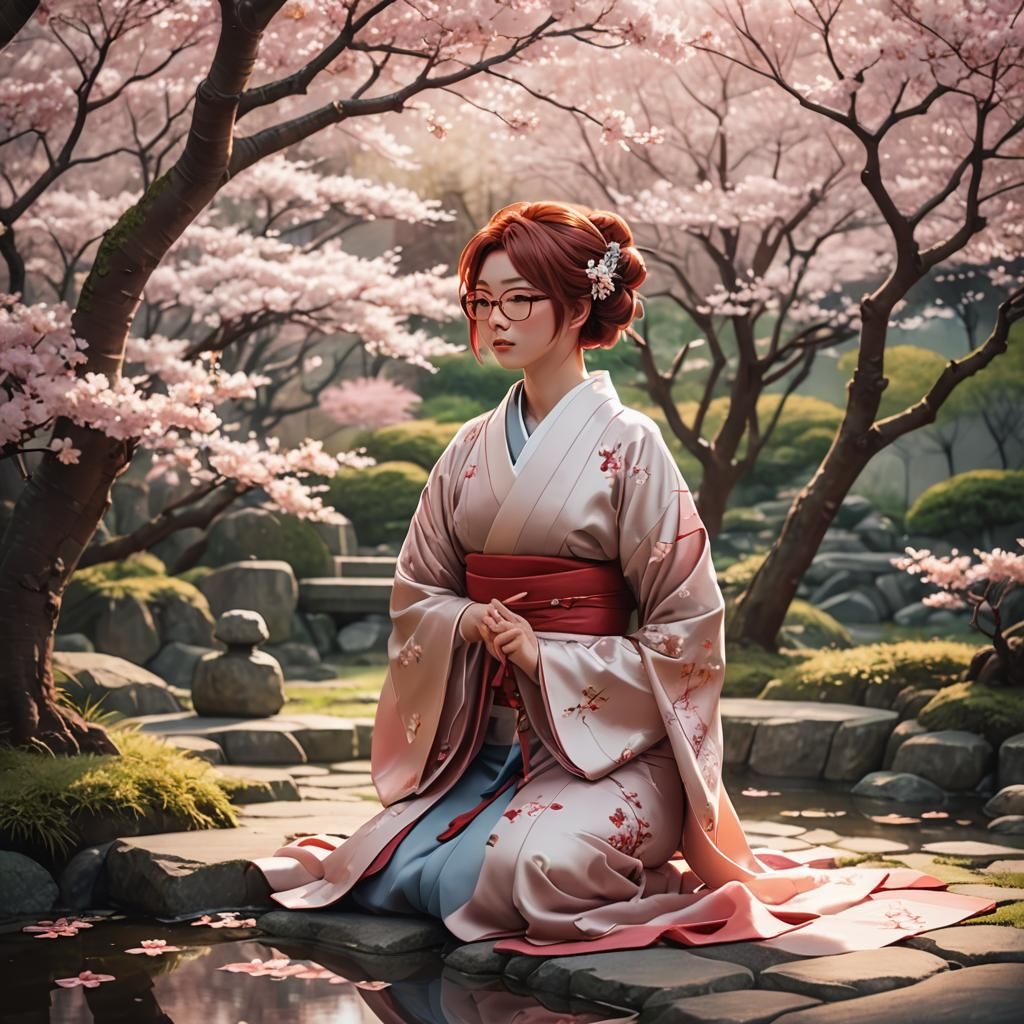 Geisha Girl in Japanese Garden, Anime Concept Art