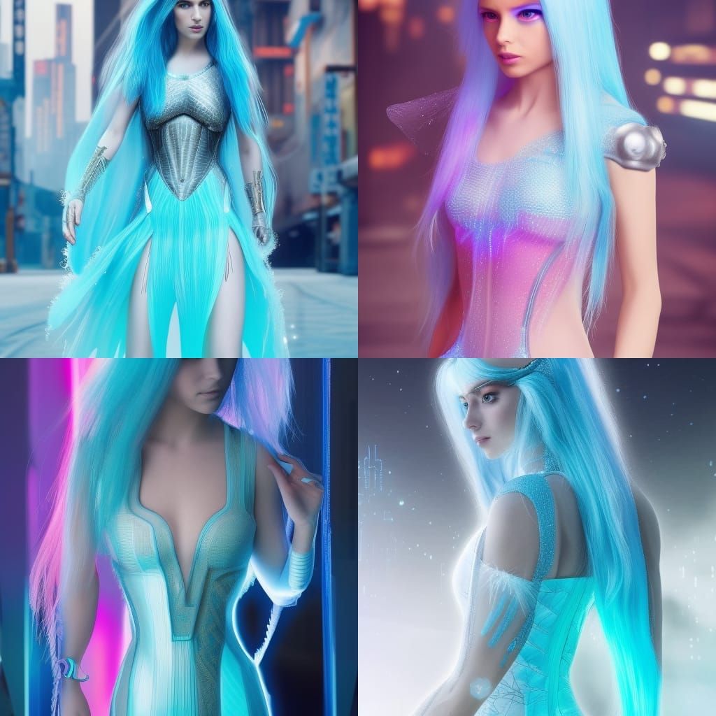 Cyberpunk Ice Princess with Crystalline Dress