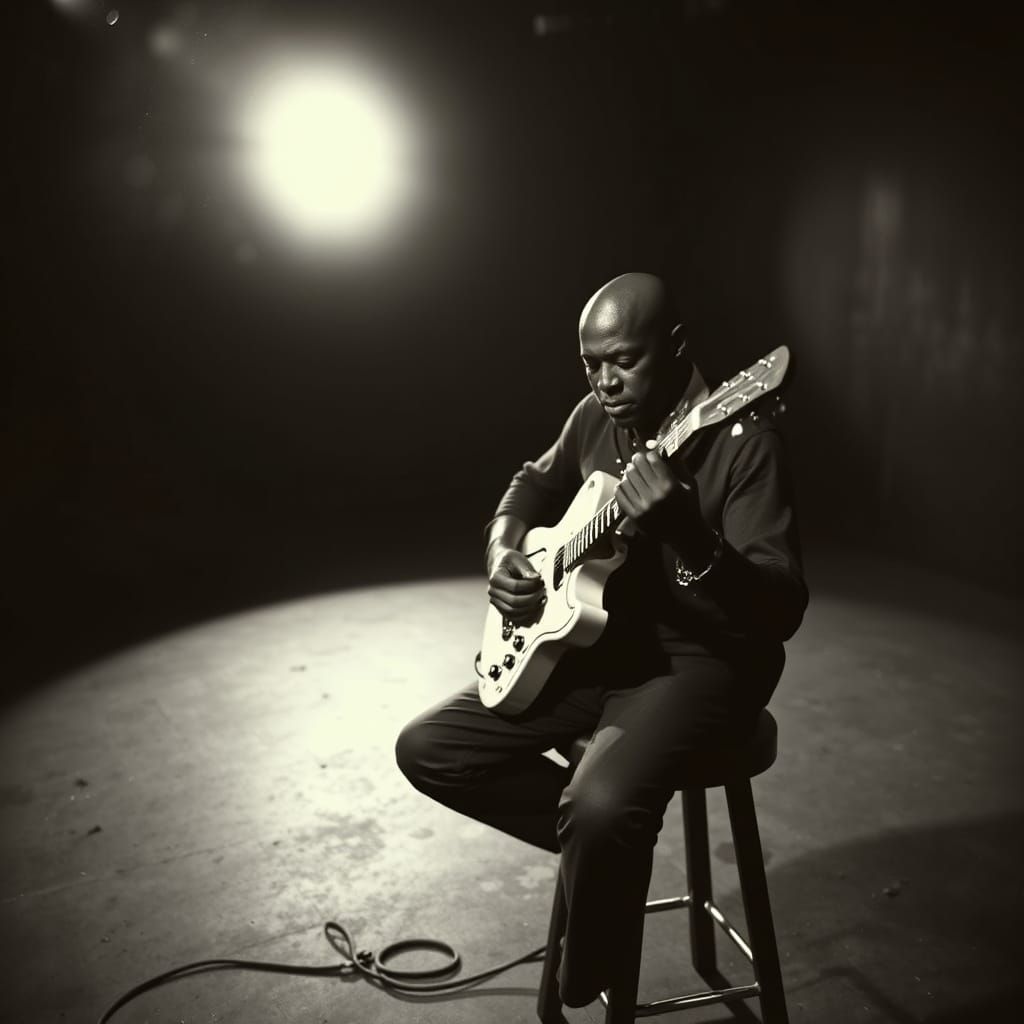 Blues Guitarist in Dimly Lit Room, Vintage Film Style