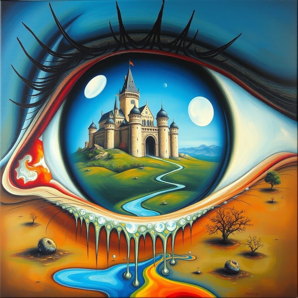 Surreal Castle Reflecting in Eye: Dali Dreamscape